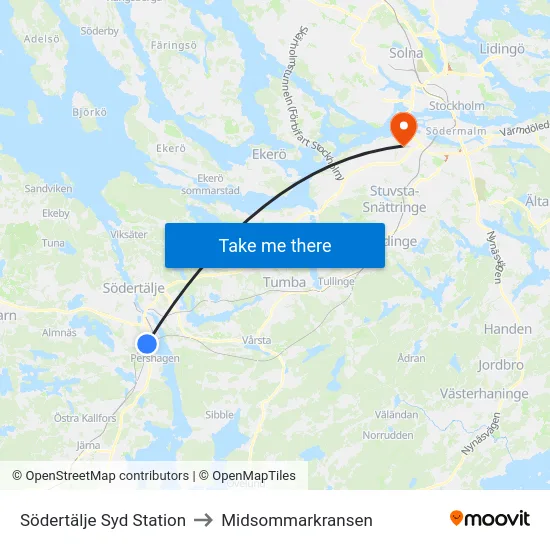 Södertälje Syd Station to Midsommarkransen map