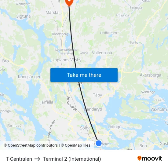 T-Centralen to Terminal 2 (International) map