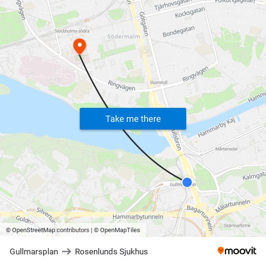 Gullmarsplan to Rosenlunds Sjukhus map