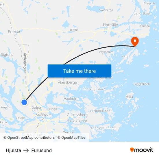 Hjulsta to Furusund map