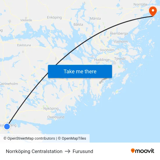 Norrköping Centralstation to Furusund map