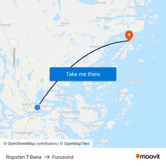 Ropsten T-Bana to Furusund map