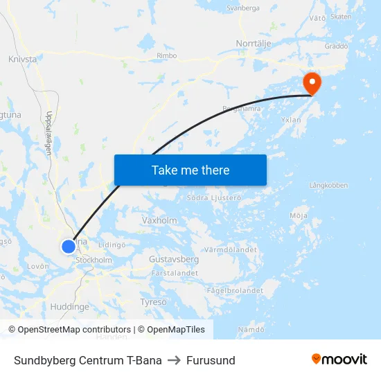 Sundbyberg Centrum T-Bana to Furusund map