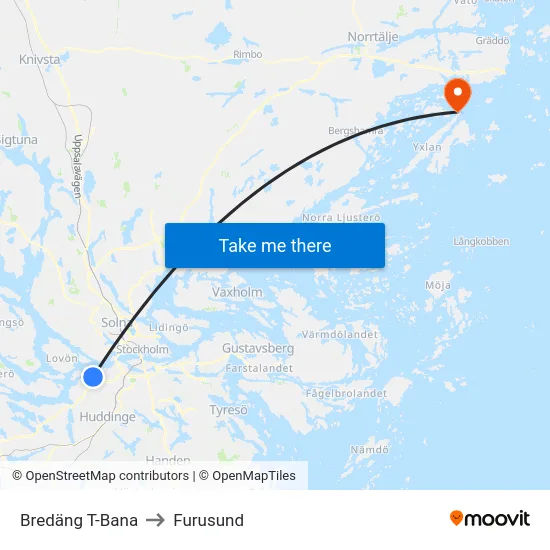 Bredäng T-Bana to Furusund map