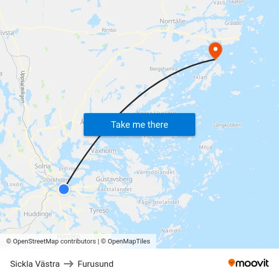 Sickla Västra to Furusund map