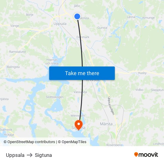 Uppsala to Sigtuna map
