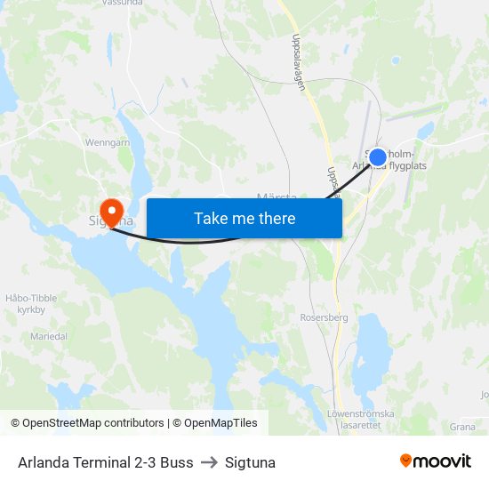 Arlanda Terminal 2-3 Buss to Sigtuna map