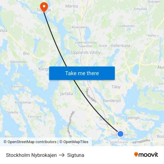Stockholm Nybrokajen to Sigtuna map