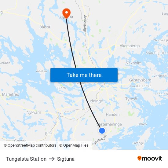 Tungelsta Station to Sigtuna map