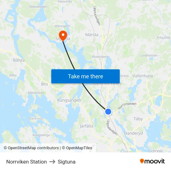 Norrviken Station to Sigtuna map