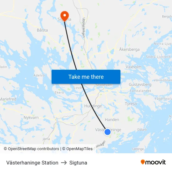 Västerhaninge Station to Sigtuna map