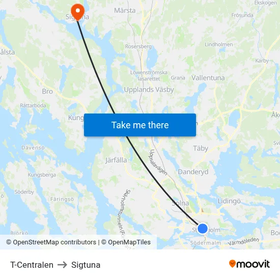 T-Centralen to Sigtuna map