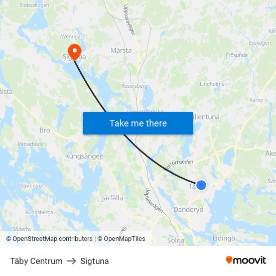 Täby Centrum to Sigtuna map