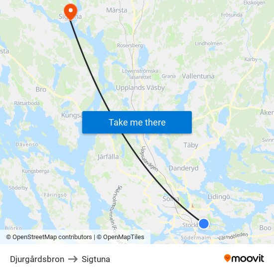 Djurgårdsbron to Sigtuna map