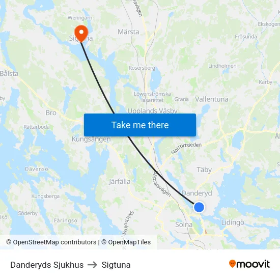 Danderyds Sjukhus to Sigtuna map