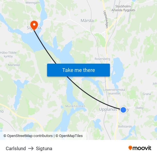 Carlslund to Sigtuna map