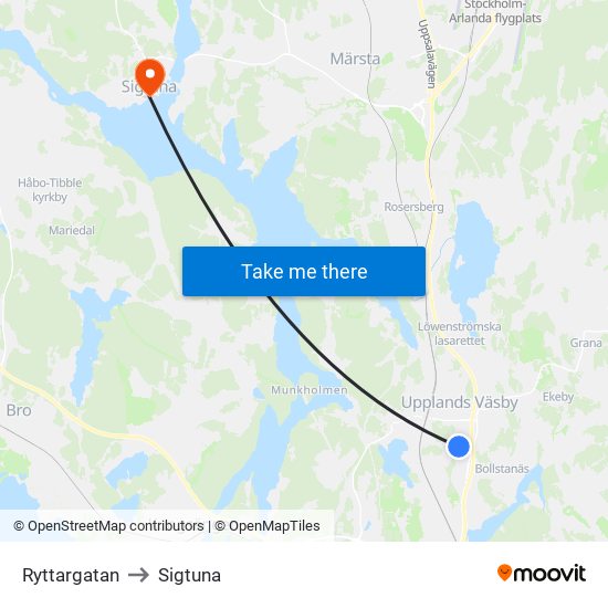 Ryttargatan to Sigtuna map