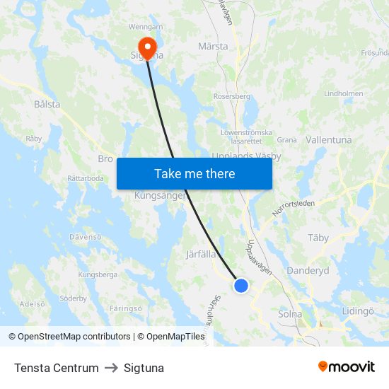 Tensta Centrum to Sigtuna map