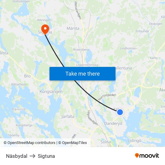 Näsbydal to Sigtuna map