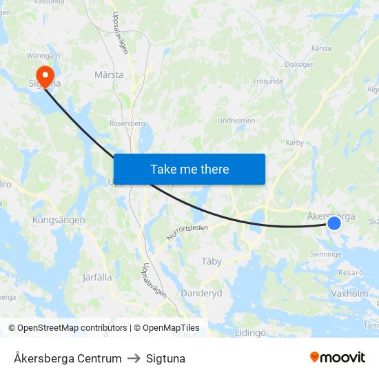 Åkersberga Centrum to Sigtuna map