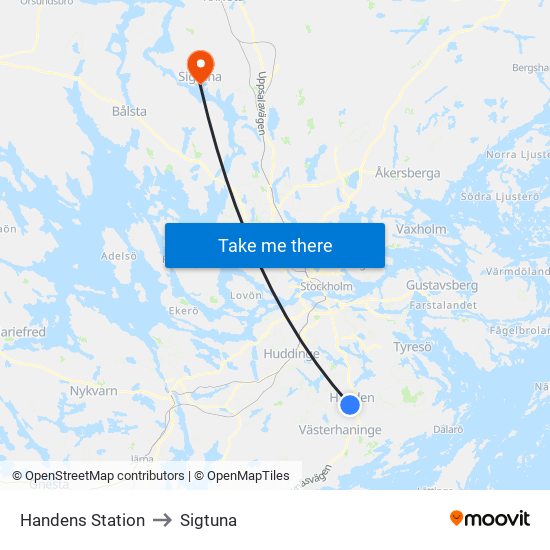 Handens Station to Sigtuna map