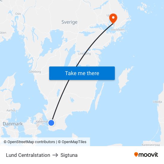Lund Centralstation to Sigtuna map