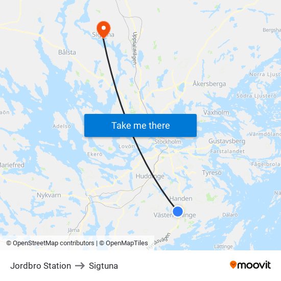 Jordbro Station to Sigtuna map