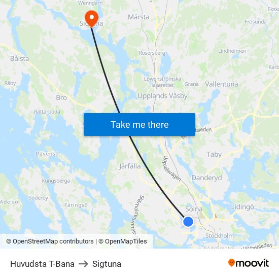 Huvudsta T-Bana to Sigtuna map