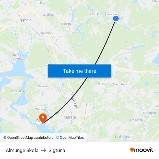 Almunge Skola to Sigtuna map