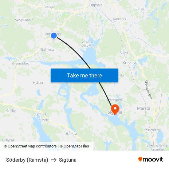 Söderby (Ramsta) to Sigtuna map