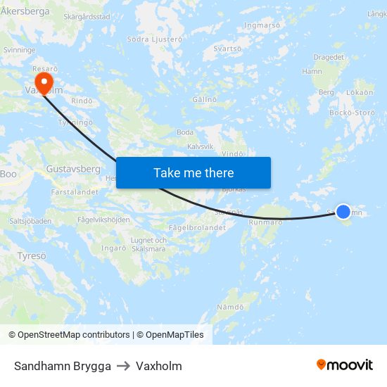 Sandhamn Brygga to Vaxholm map