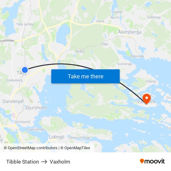 Tibble Station to Vaxholm map