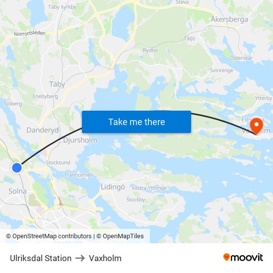 Ulriksdal Station to Vaxholm map