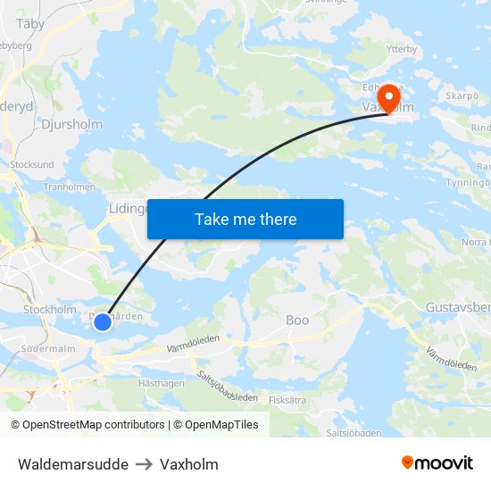 Waldemarsudde to Vaxholm map