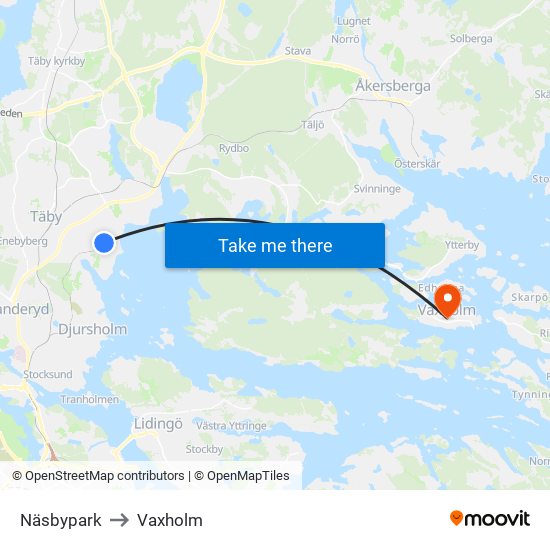 Näsbypark to Vaxholm map