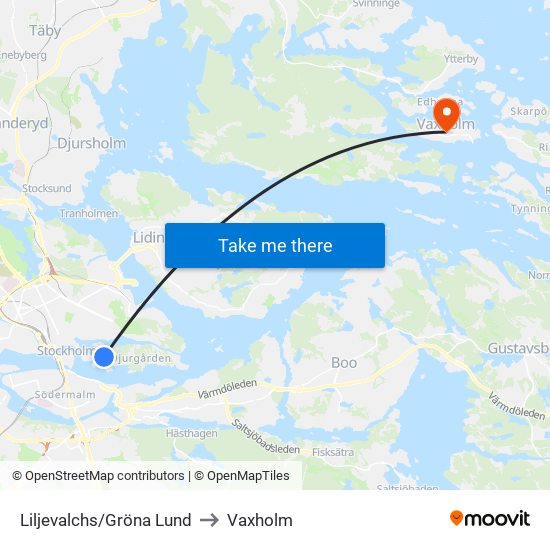 Liljevalchs/Gröna Lund to Vaxholm map