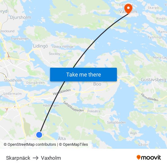 Skarpnäck to Vaxholm map