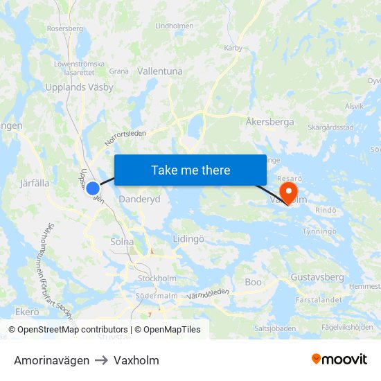 Amorinavägen to Vaxholm map