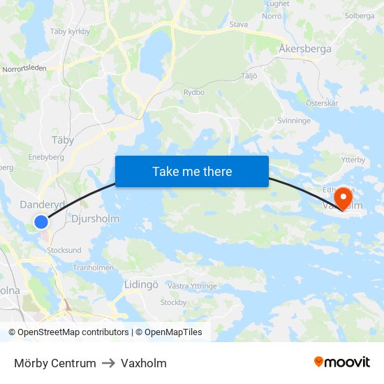 Mörby Centrum to Vaxholm map