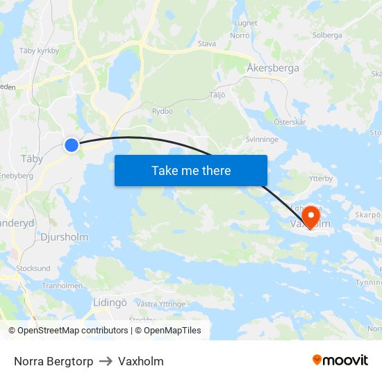 Norra Bergtorp to Vaxholm map
