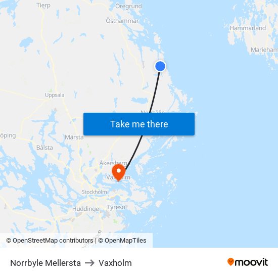 Norrbyle Mellersta to Vaxholm map