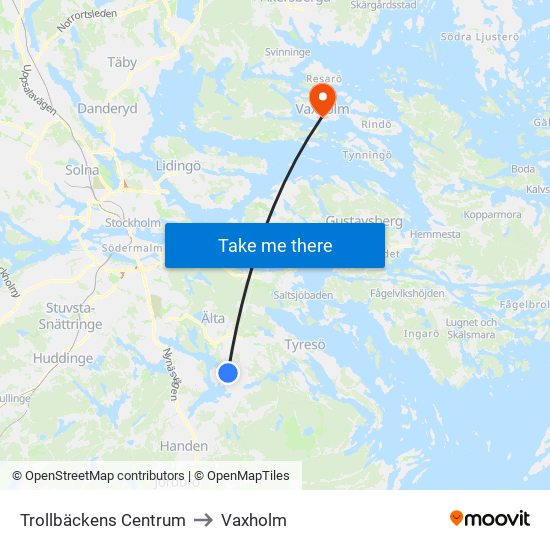 Trollbäckens Centrum to Vaxholm map