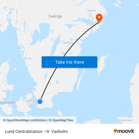 Lund Centralstation to Vaxholm map