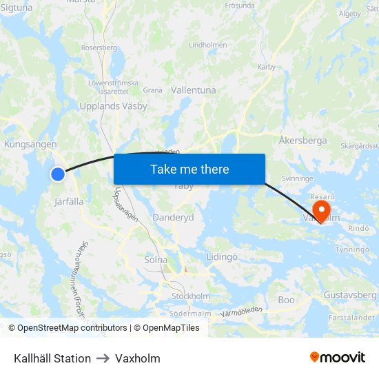 Kallhäll Station to Vaxholm map