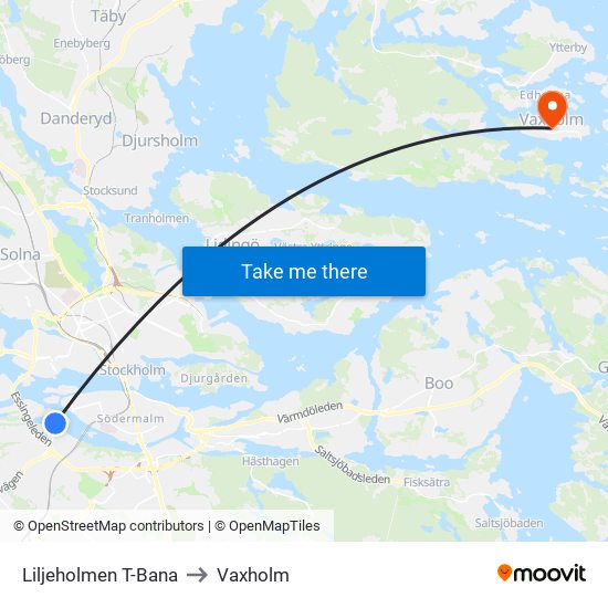 Liljeholmen T-Bana to Vaxholm map