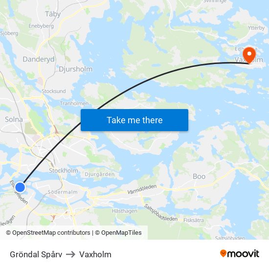 Gröndal Spårv to Vaxholm map