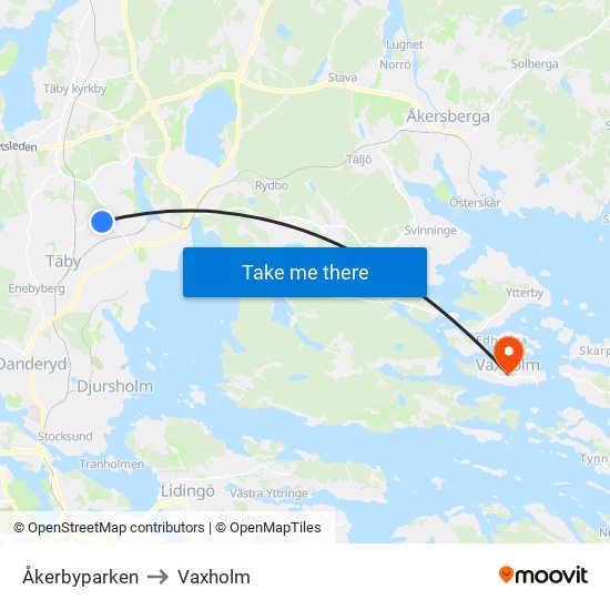 Åkerbyparken to Vaxholm map
