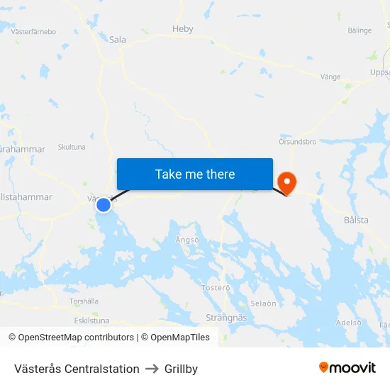 Västerås Centralstation to Grillby map
