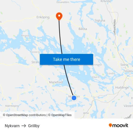 Nykvarn to Grillby map