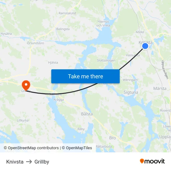 Knivsta to Grillby map